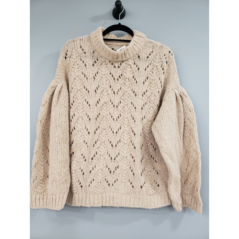 LARGE Kate Spade Womens Pointelle Knit Sweater Beige Alpaca Wool Blend Classic